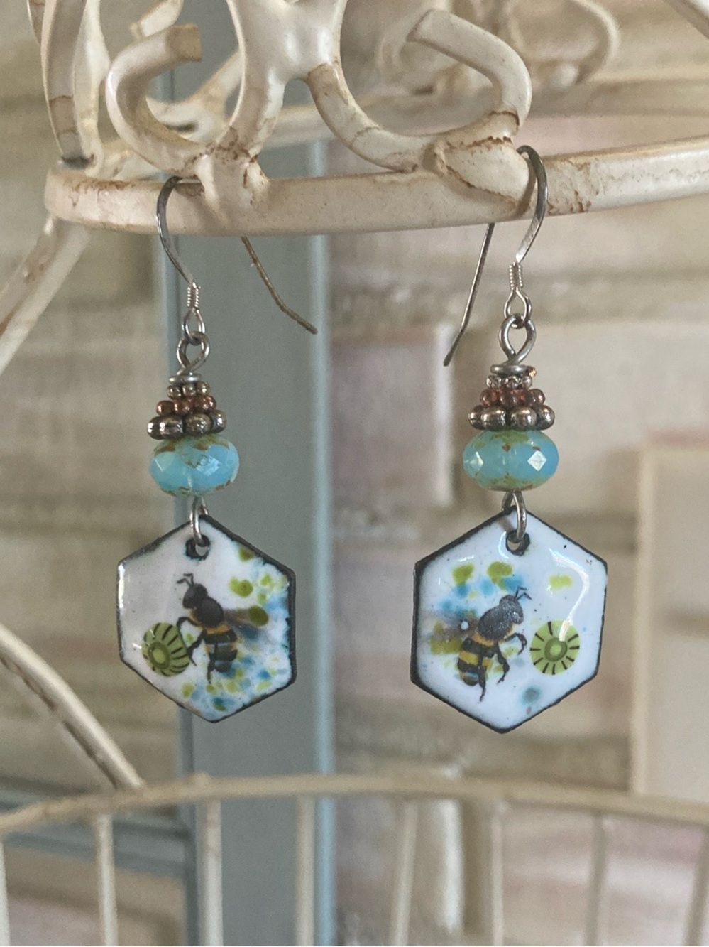 Yellow and blue hand painted bumble Bee Hexagon Dangle Earrings